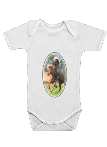  Two Icelandic horses playing, rearing and frolic around in a meadow voor Baby short sleeve onesies
