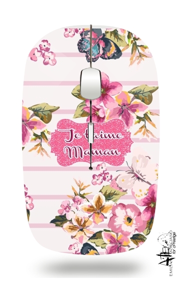  Pink floral Marinière - Je t'aime Maman voor Draadloze optische muis met USB-ontvanger