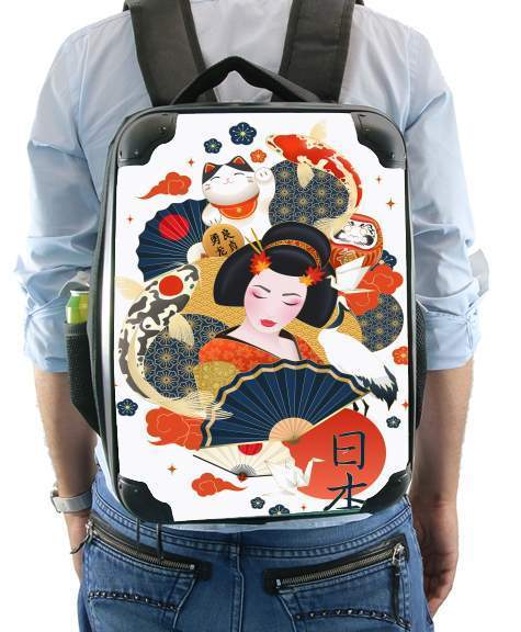  Japanese geisha surrounded with colorful carps voor Rugzak