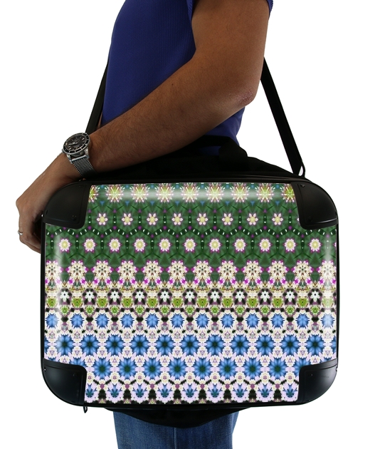  Abstract ethnic floral stripe pattern white blue green voor Laptoptas
