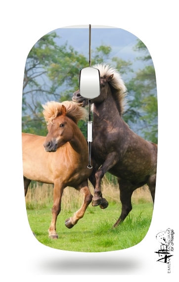  Two Icelandic horses playing, rearing and frolic around in a meadow voor Draadloze optische muis met USB-ontvanger