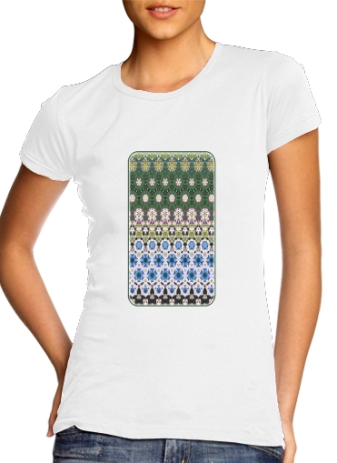  Abstract ethnic floral stripe pattern white blue green voor Vrouwen T-shirt