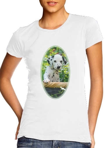  Cute Dalmatian puppy in a basket  voor Vrouwen T-shirt