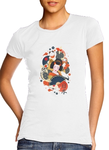  Japanese geisha surrounded with colorful carps voor Vrouwen T-shirt